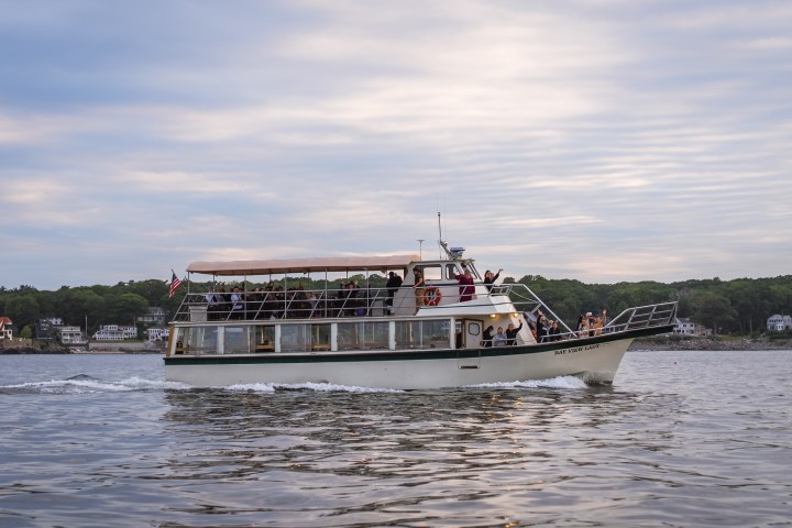 White tour boat cruising on a lake with cloudy sky and shoreline in background.