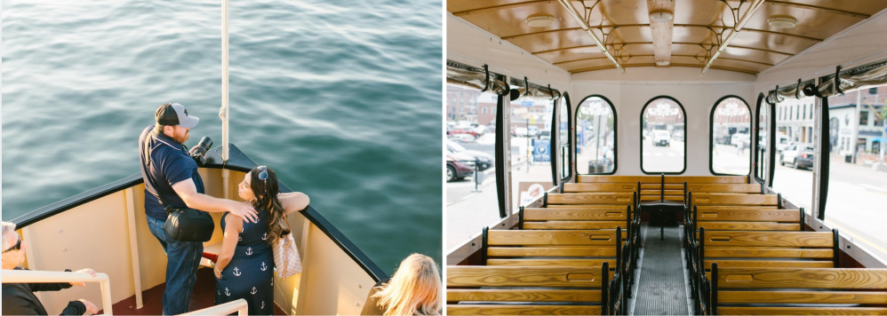 Couple on boat looking at sea; interior of empty vintage tram with wooden seats.