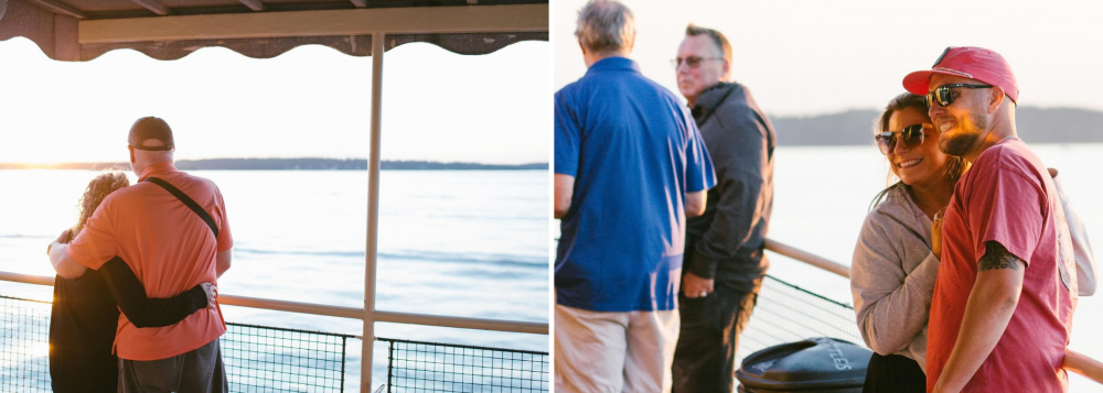 Couples enjoying a sunset view from a boat's deck, with calm water and distant shore visible.