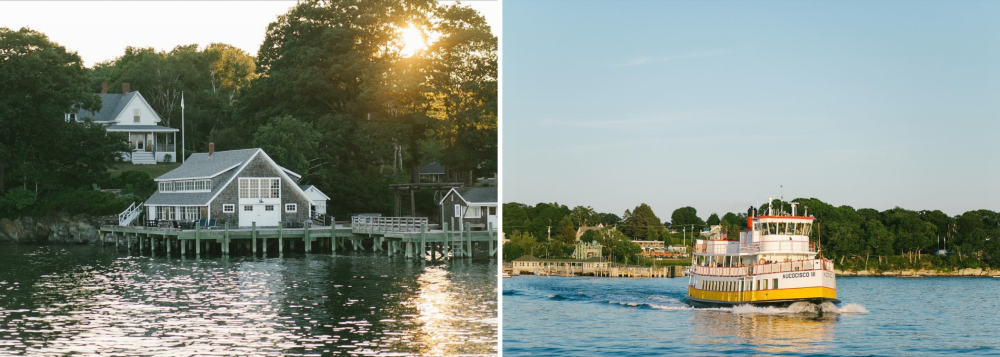 Split image: left, sunset over docked house; right, ferry on calm water.