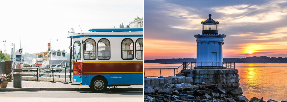 A red trolley near a harbor and a lighthouse against a sunset over water.