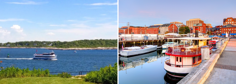 Split image: left, boat on blue water with trees; right, boats docked in harbor with red brick buildings.