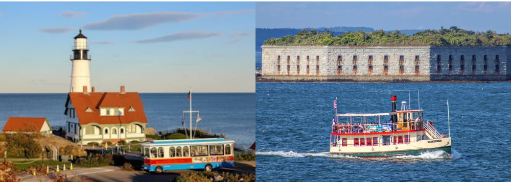 Left: lighthouse by ocean; Right: ferry near island fort.