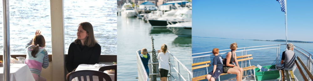 Three scenes of people on waterfronts and boats.