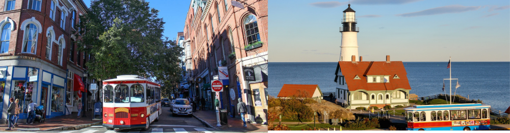 City street with trolley and coastal lighthouse view.