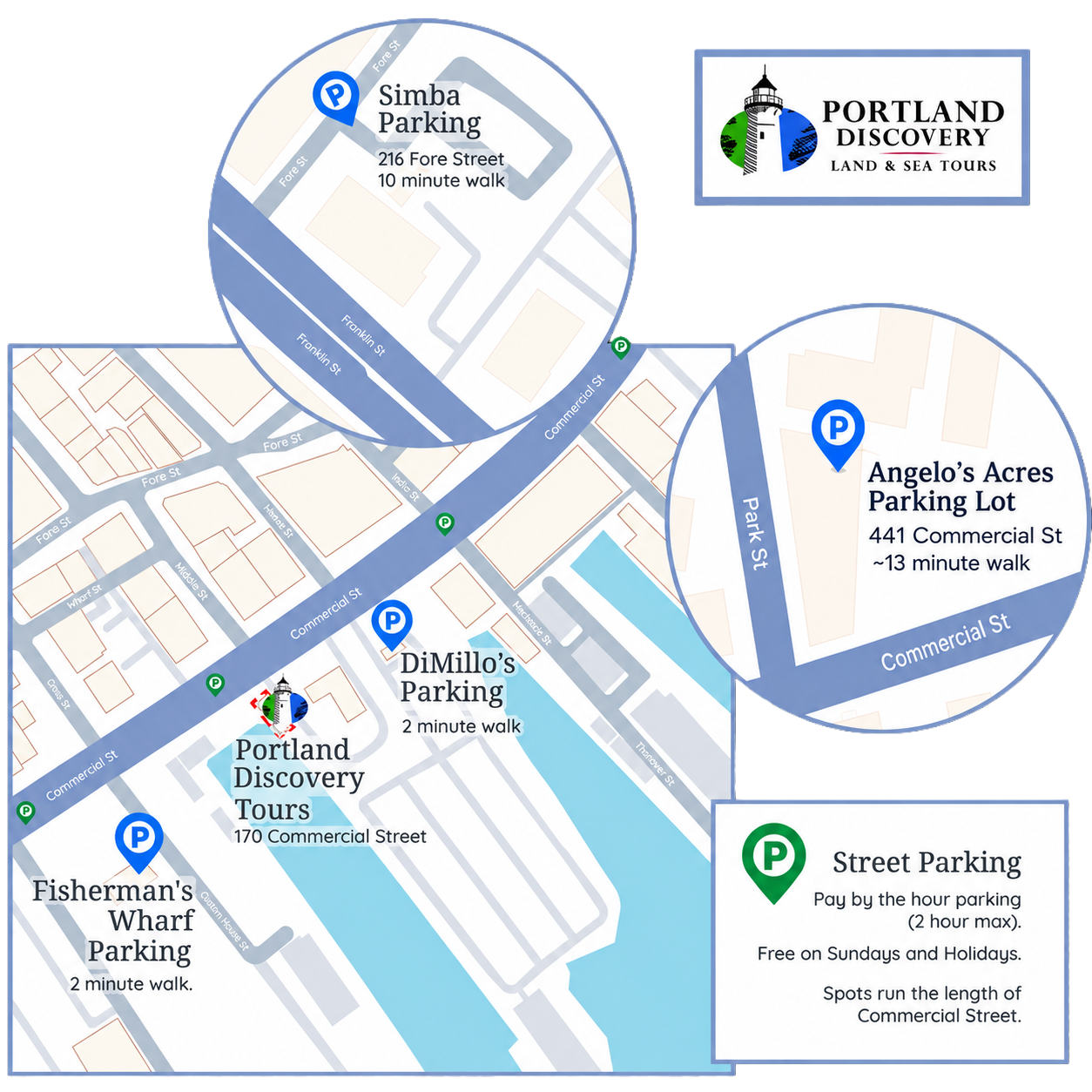 Map showing parking options for Portland Discovery Tours with location markers and walking times.